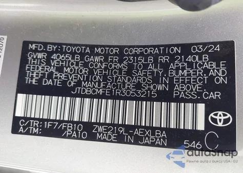 2024 Toyota Corolla Hybrid Le из США, поврежденный, VIN JTDBCMFE1R3053215